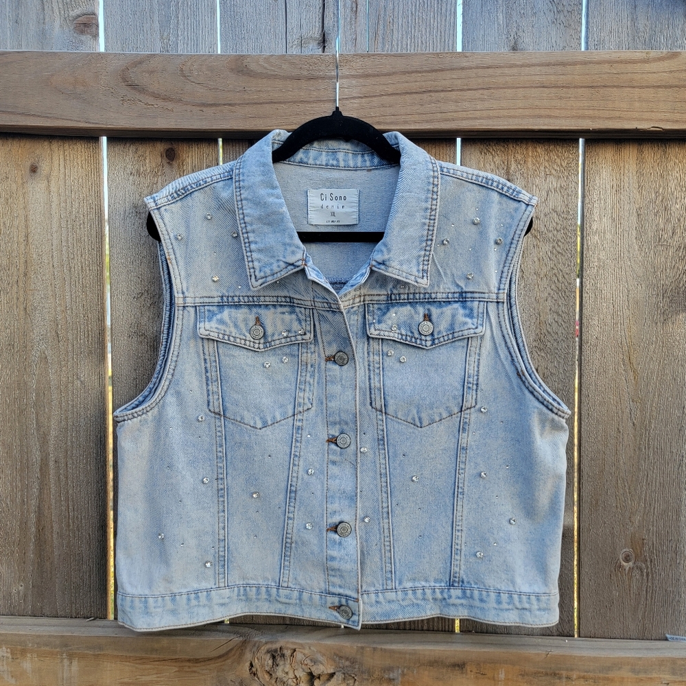 Studded Rhinestone Denim Vest